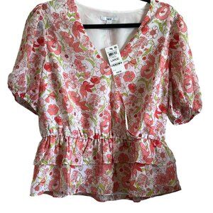 Bar III Women's Printed Puff-Sleeve Peplum Top Floral Dot
